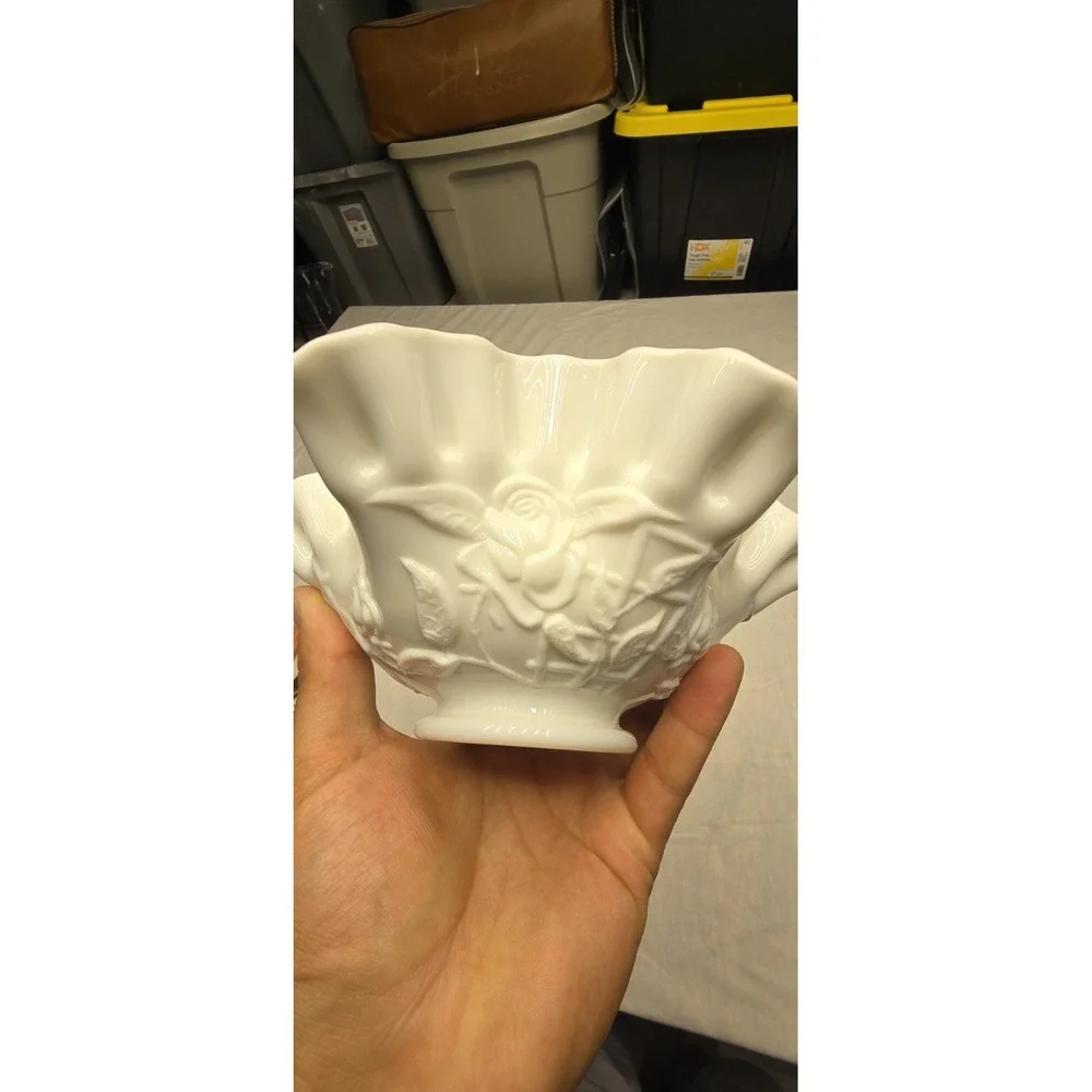 Vintage Milk Glass With Roses And Ruffle Rim - Picture 2 of 11